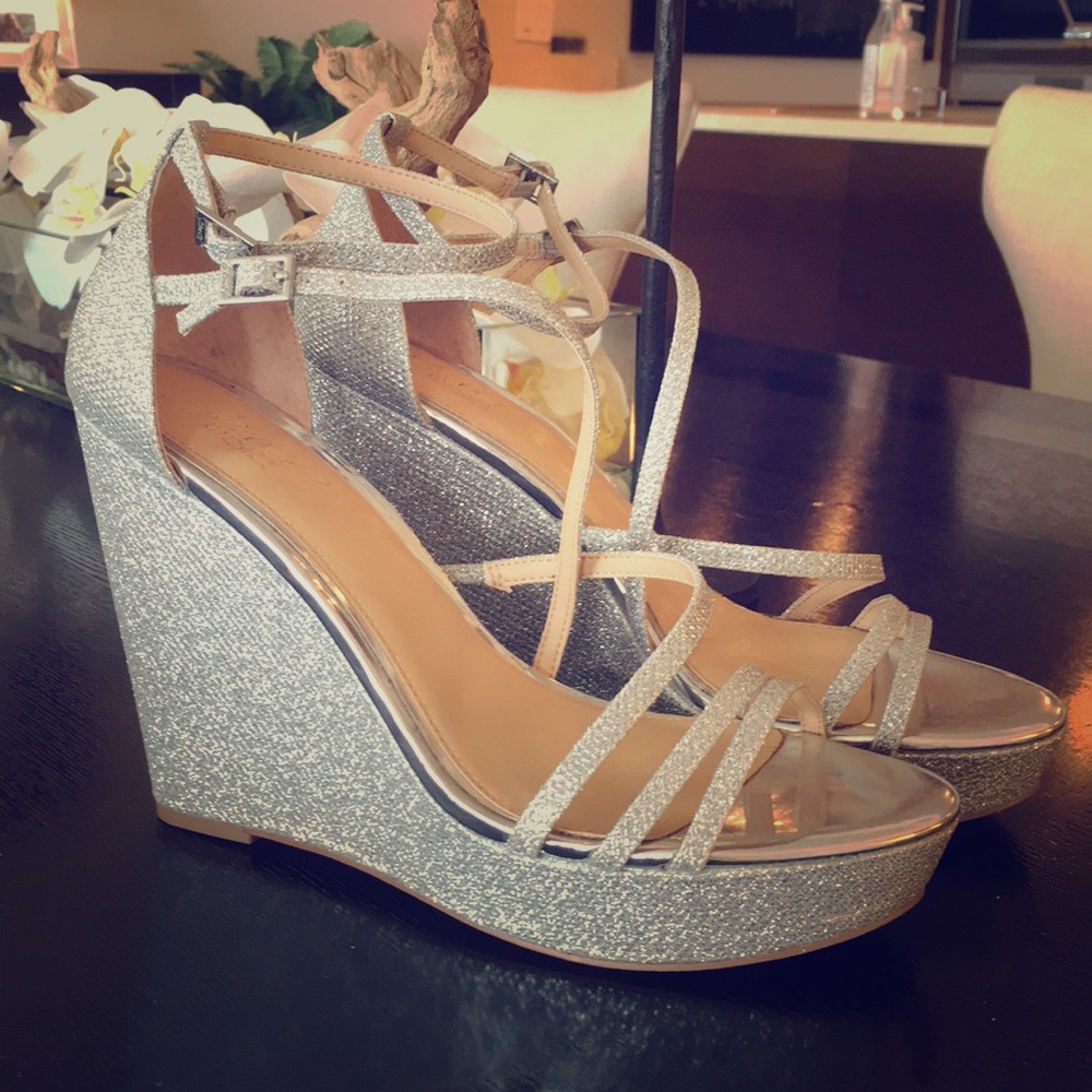 Badgley Mishka Silver Wedge Heels